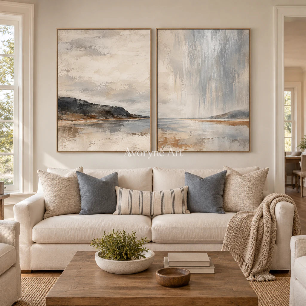 Rainward Shore: Neutral Landscape Diptych Wall Art — villa wood