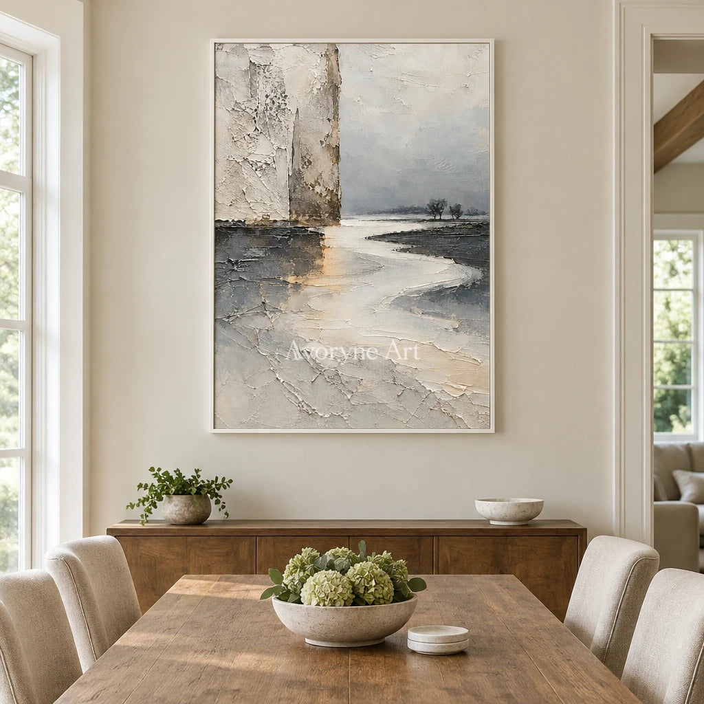 Ivory Meander: Neutral Landscape Texture Art — dining white