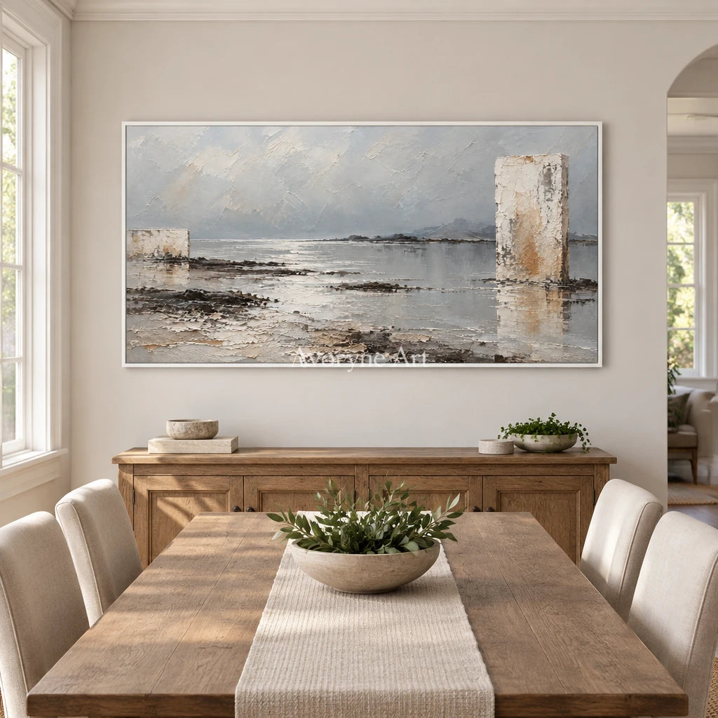 Pale Monoliths: Neutral Landscape Wall Art — dining white
