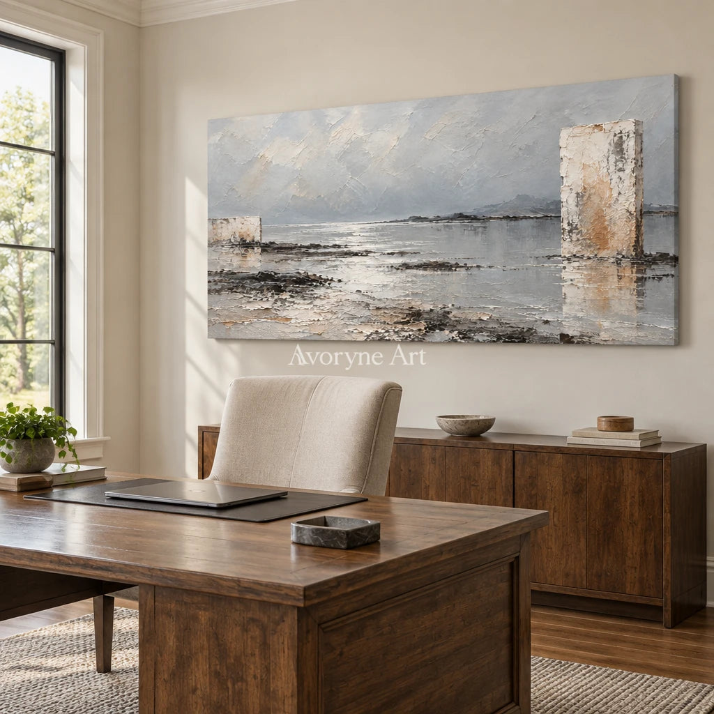 Pale Monoliths: Neutral Landscape Wall Art — office frameless