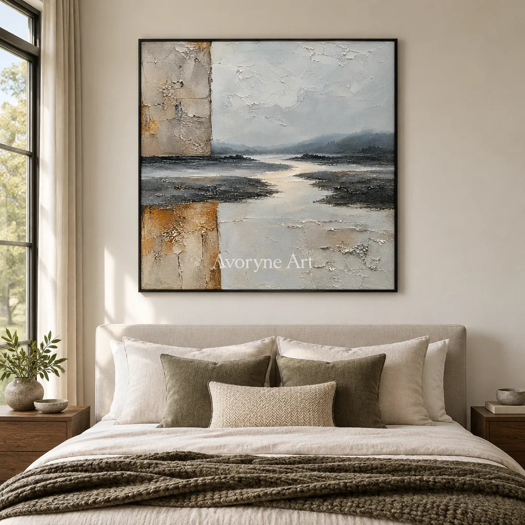 Weathered Reach: Neutral Layered Abstract Wall Art — bedroom black