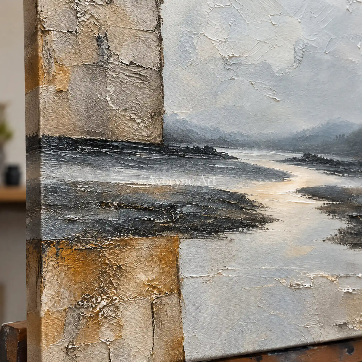 Weathered Reach: Neutral Layered Abstract Wall Art — detail easel