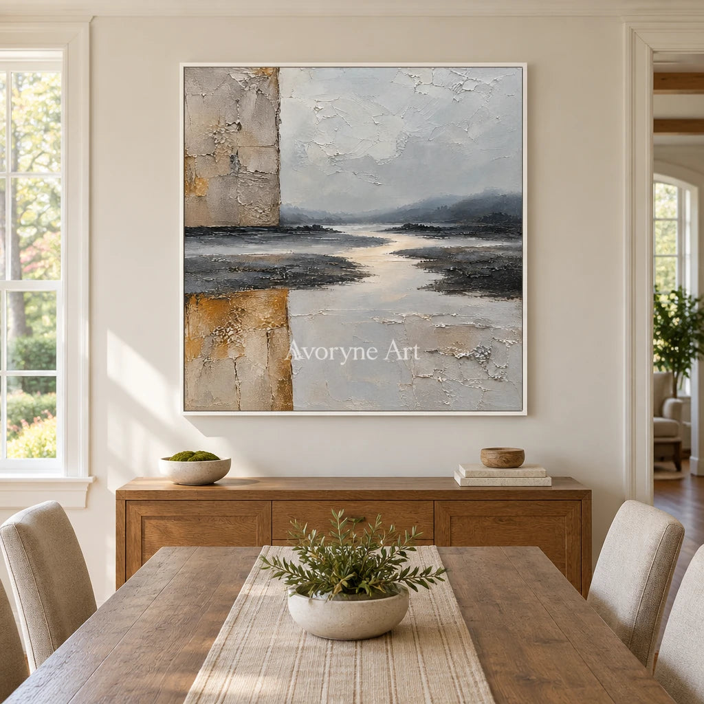 Weathered Reach: Neutral Layered Abstract Wall Art — dining white