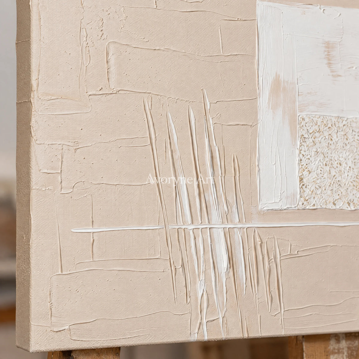Close-up of the hand-painted texture of Misted Mosaic neutral layered relief wall art on an easel