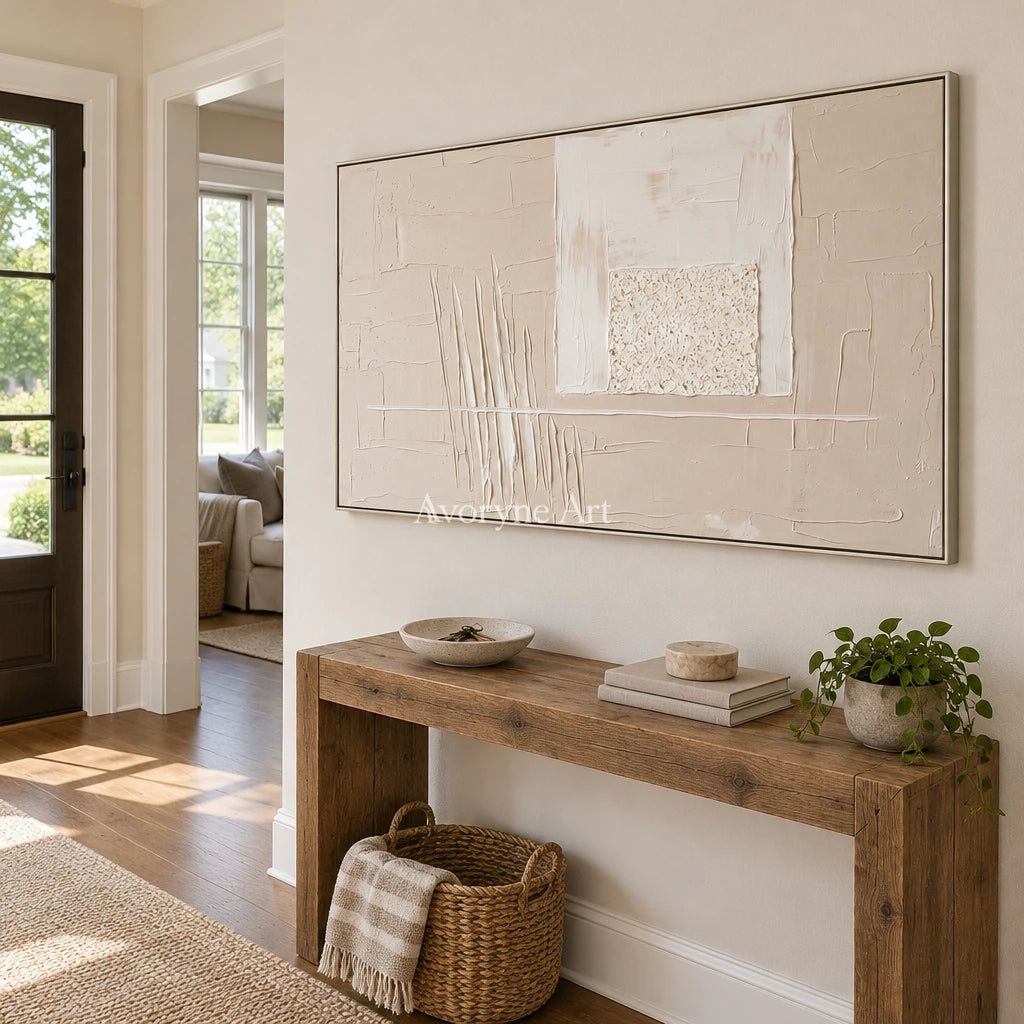 Misted Mosaic neutral layered relief wall art with a silver frame in an entryway