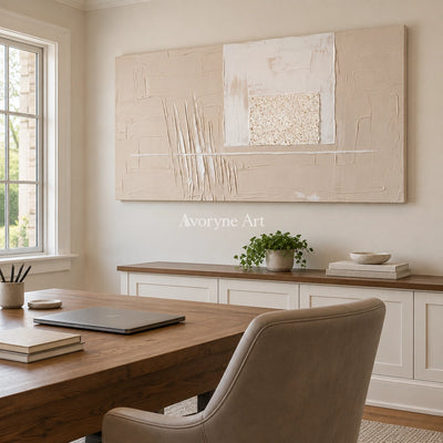 Misted Mosaic neutral layered relief wall art as a frameless stretched canvas in a home office