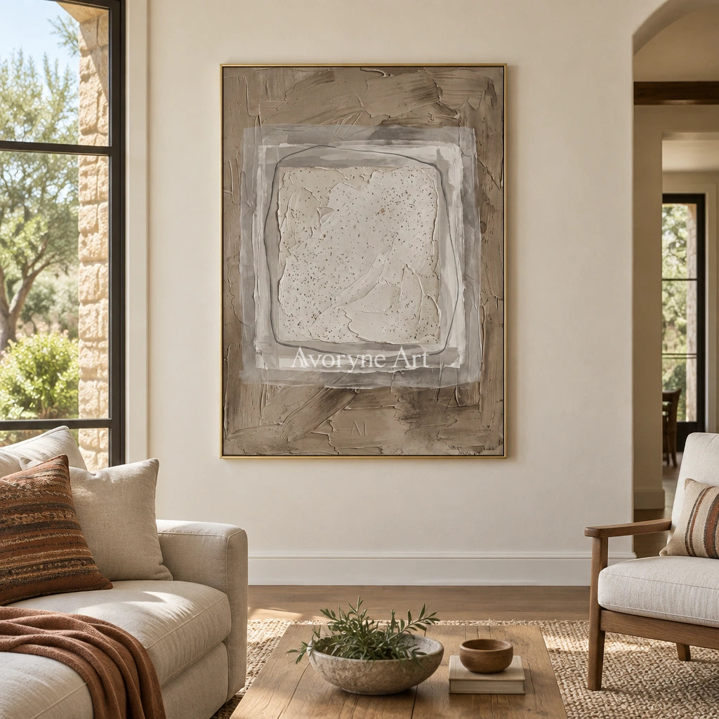 Misted Memory neutral layered relief wall art with a gold frame hanging in a living room