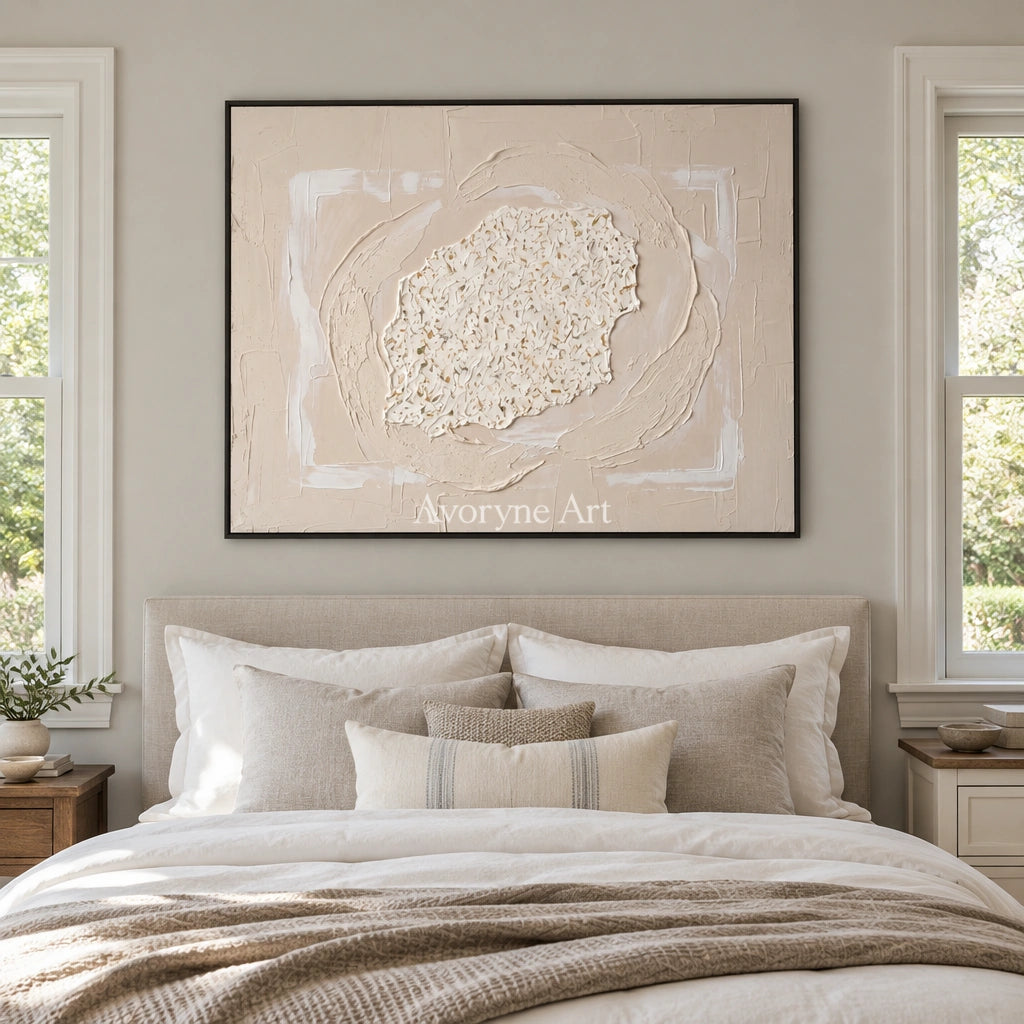 Misted Field neutral layered relief wall art with a black frame above a bed in a bedroom
