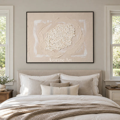 Misted Field neutral layered relief wall art with a black frame above a bed in a bedroom