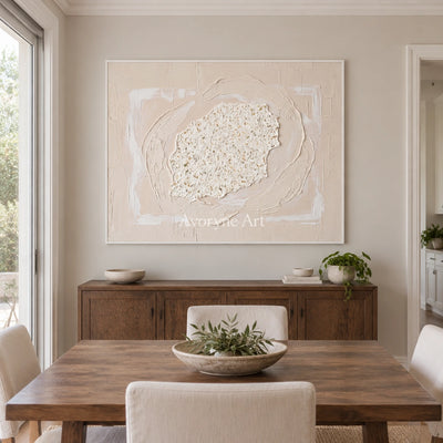 Misted Field neutral layered relief wall art with a white frame in a dining room