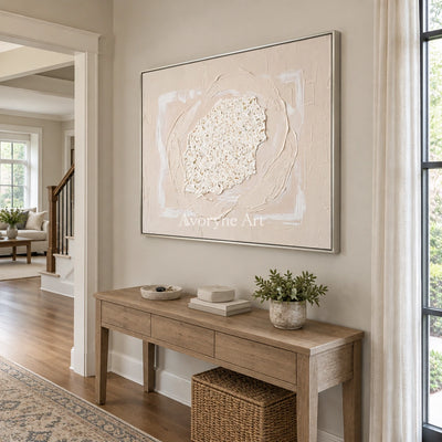 Misted Field neutral layered relief wall art with a silver frame in an entryway