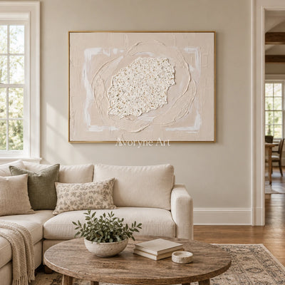 Misted Field neutral layered relief wall art with a gold frame hanging in a living room