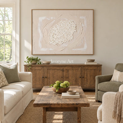 Misted Field neutral layered relief wall art with a wood frame in a villa living space