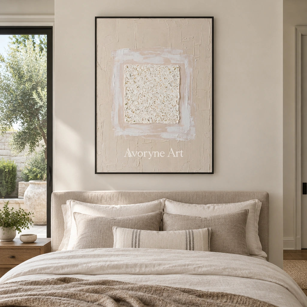 Weathered Refrain neutral layered relief wall art with a black frame above a bed in a bedroom