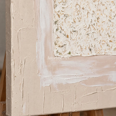 Close-up of the hand-painted texture of Weathered Refrain neutral layered relief wall art on an easel