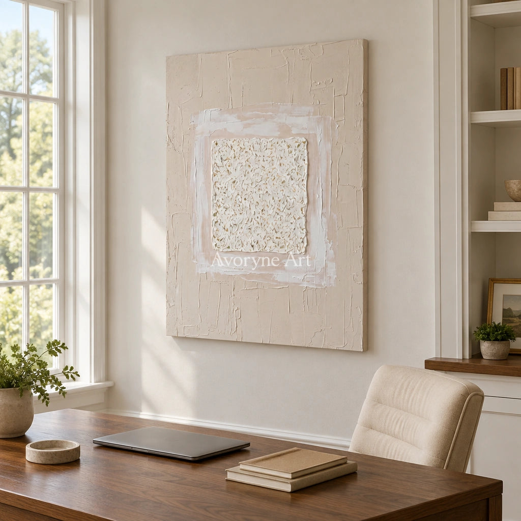 Weathered Refrain neutral layered relief wall art as a frameless stretched canvas in a home office