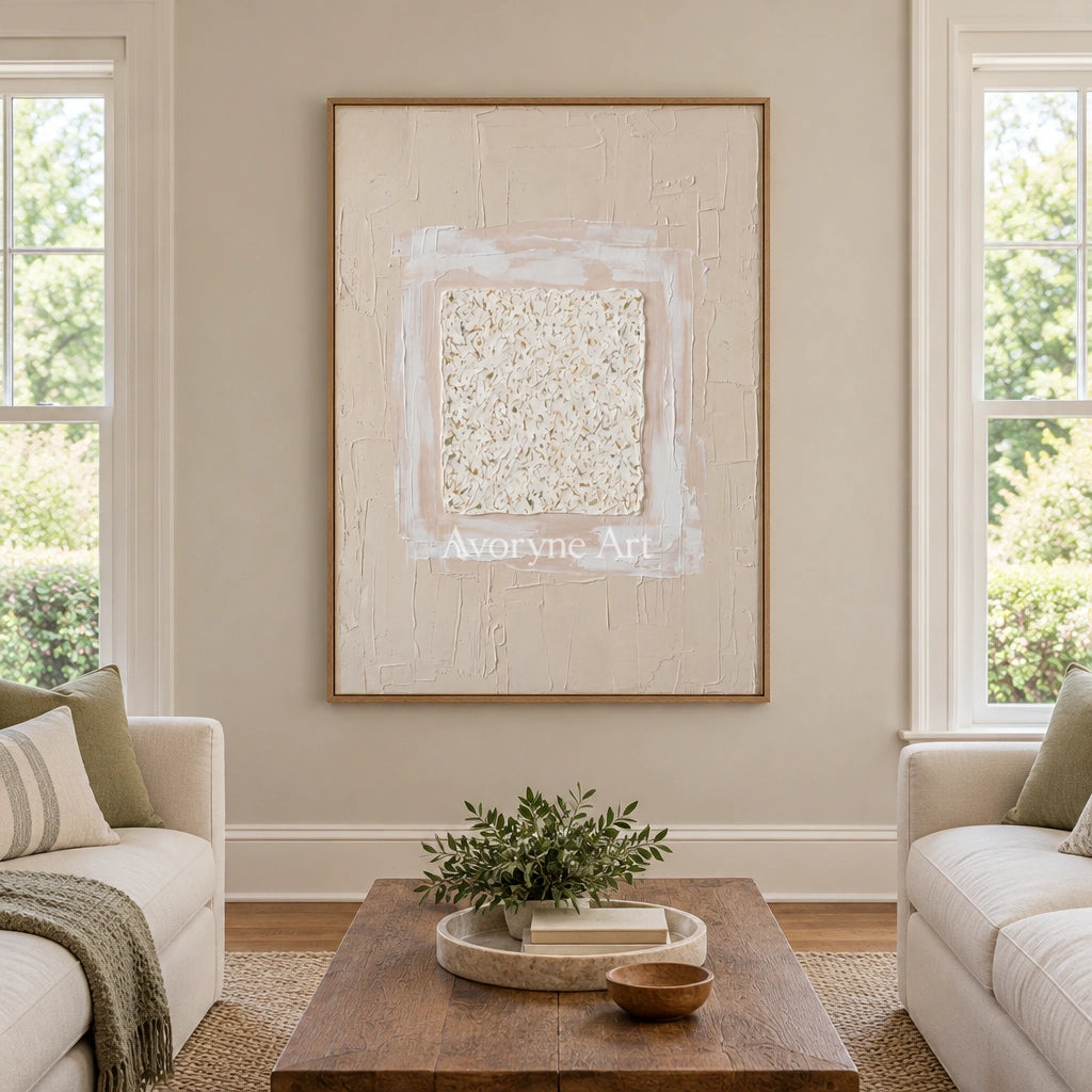 Weathered Refrain neutral layered relief wall art with a wood frame in a villa living space