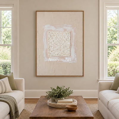 Weathered Refrain neutral layered relief wall art with a wood frame in a villa living space