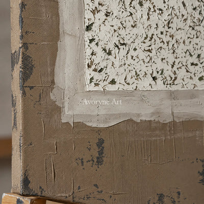 Close-up of the hand-painted texture of Weathered Measure neutral layered relief wall art on an easel