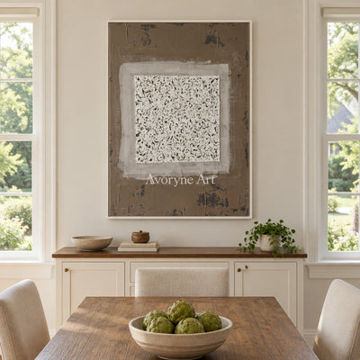 Weathered Measure neutral layered relief wall art with a white frame in a dining room
