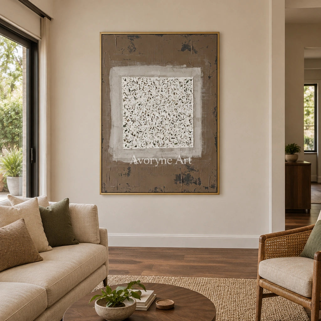 Weathered Measure neutral layered relief wall art with a gold frame hanging in a living room