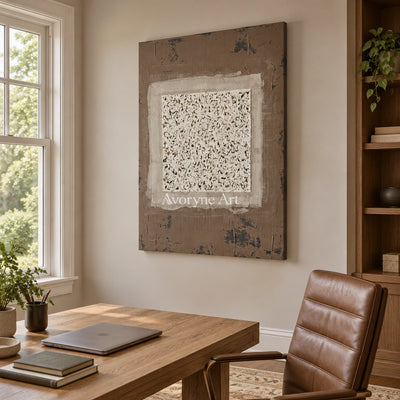 Weathered Measure neutral layered relief wall art as a frameless stretched canvas in a home office