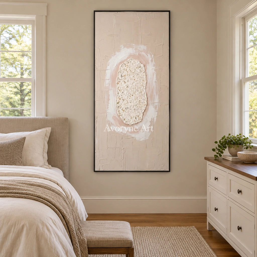 Weathered Rhythm neutral layered relief wall art with a black frame above a bed in a bedroom