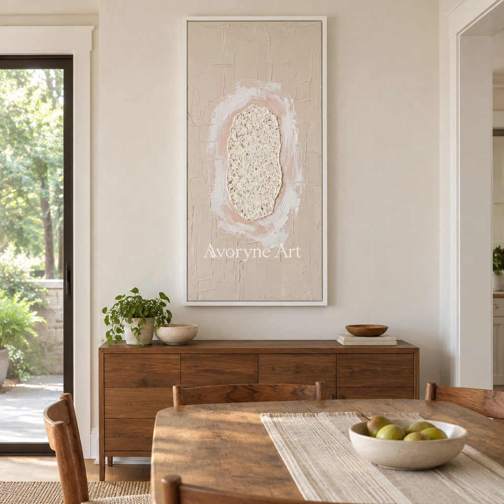 Weathered Rhythm neutral layered relief wall art with a white frame in a dining room