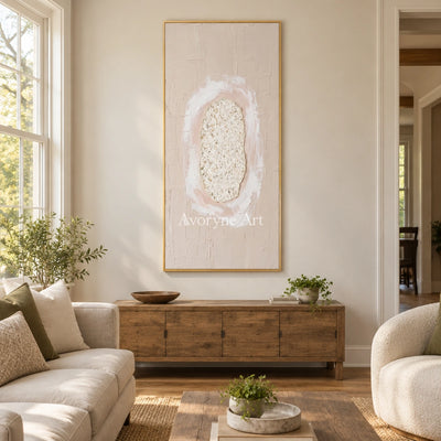 Weathered Rhythm neutral layered relief wall art with a gold frame hanging in a living room
