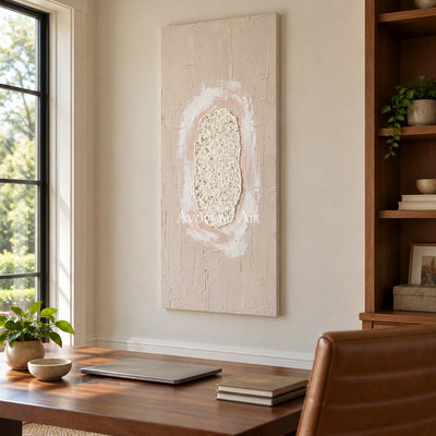 Weathered Rhythm neutral layered relief wall art as a frameless stretched canvas in a home office