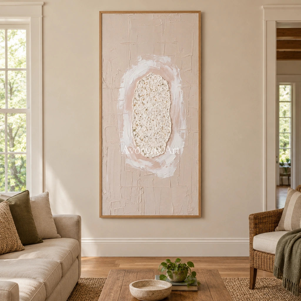 Weathered Rhythm neutral layered relief wall art with a wood frame in a villa living space