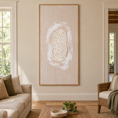 Weathered Rhythm neutral layered relief wall art with a wood frame in a villa living space