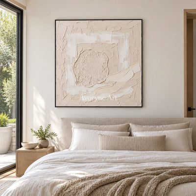 Weathered Trace neutral layered relief wall art with a black frame above a bed in a bedroom