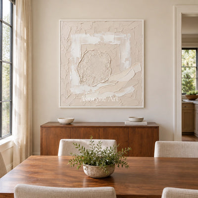 Weathered Trace neutral layered relief wall art with a white frame in a dining room