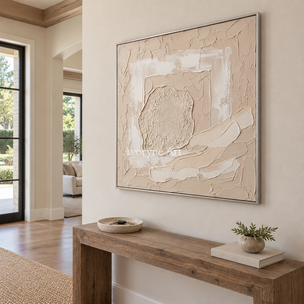 Weathered Trace neutral layered relief wall art with a silver frame in an entryway
