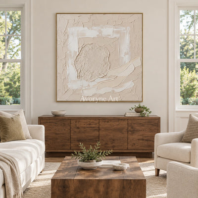 Weathered Trace neutral layered relief wall art with a gold frame hanging in a living room