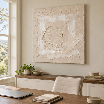 Weathered Trace neutral layered relief wall art as a frameless stretched canvas in a home office