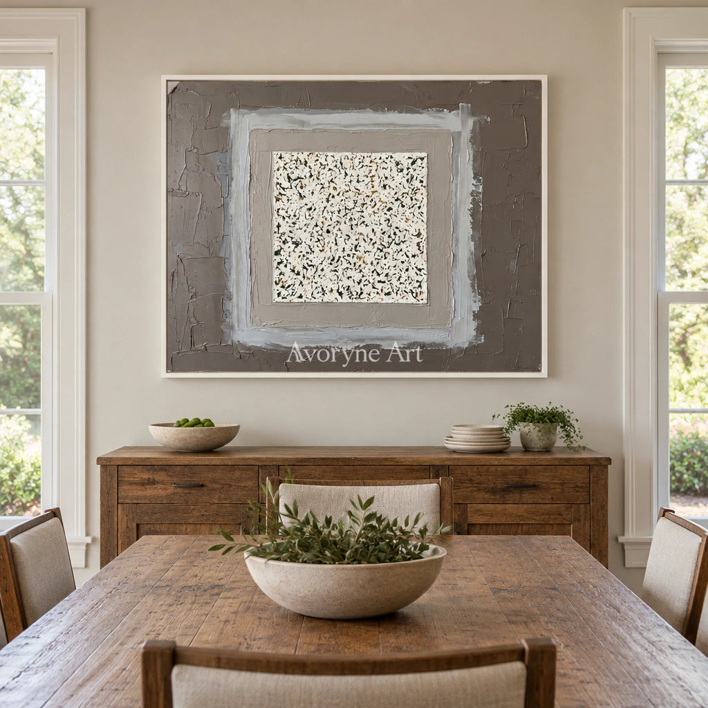 Weathered Drift neutral layered relief wall art with a white frame in a dining room