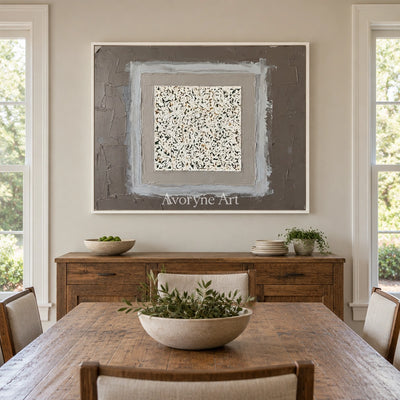 Weathered Drift neutral layered relief wall art with a white frame in a dining room