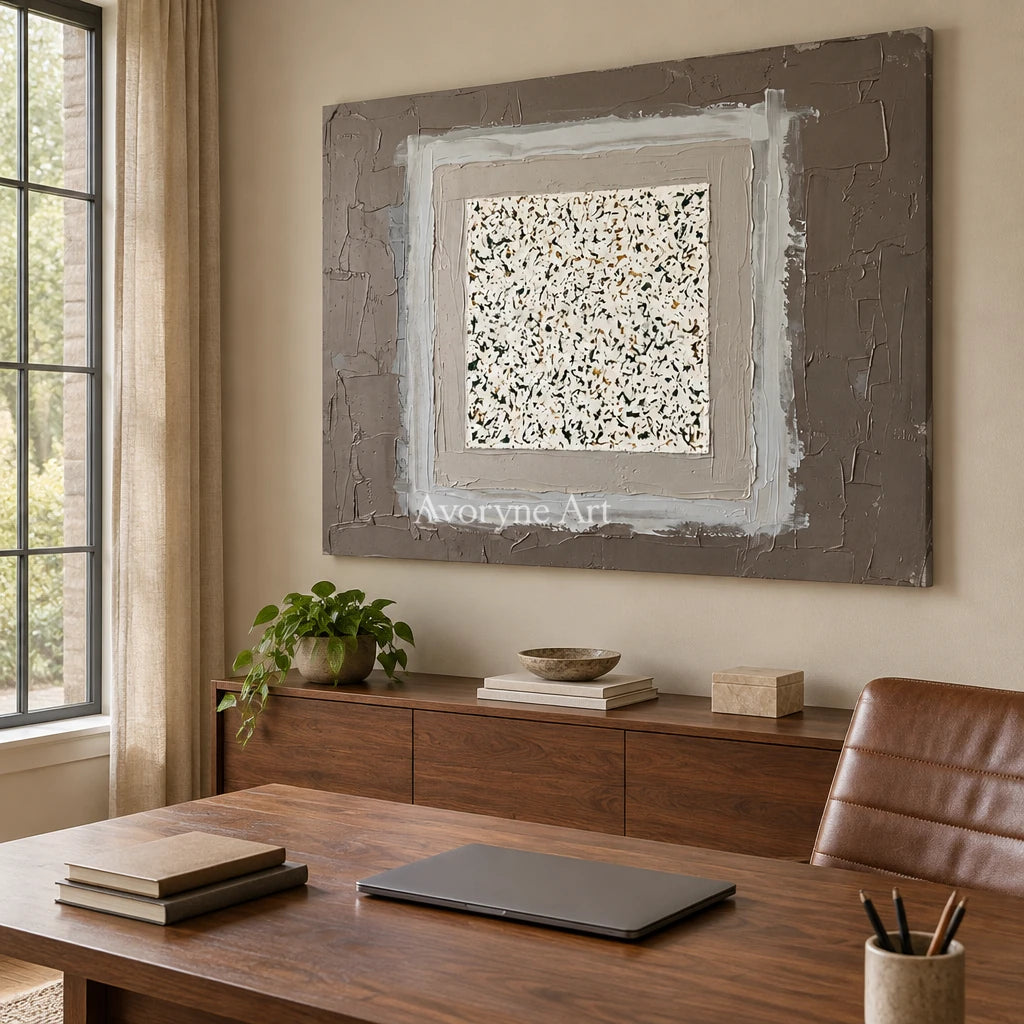Weathered Drift neutral layered relief wall art as a frameless stretched canvas in a home office