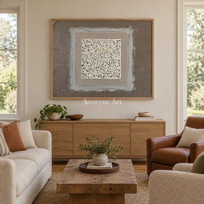 Weathered Drift neutral layered relief wall art with a wood frame in a villa living space