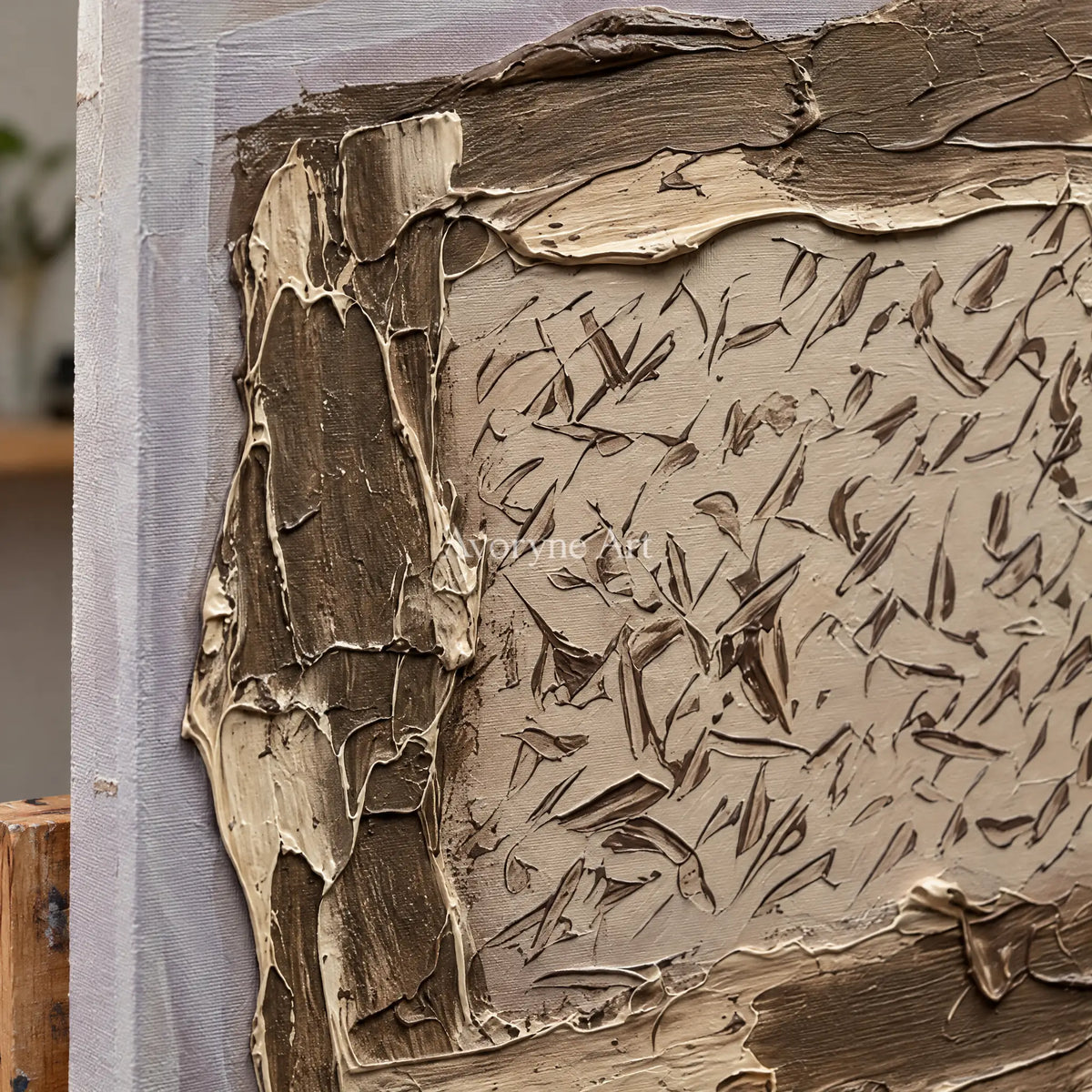 Close-up of the hand-painted texture of Weathered Reverie neutral layered relief wall art on an easel