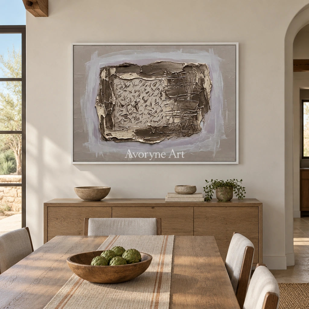 Weathered Reverie neutral layered relief wall art with a white frame in a dining room