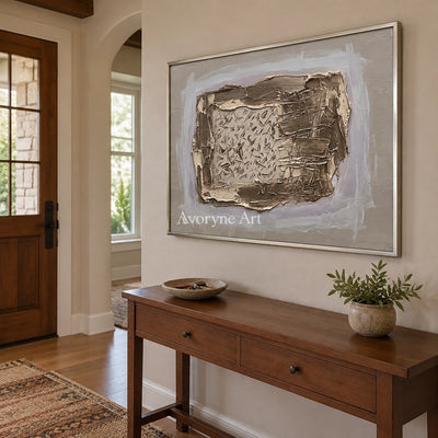 Weathered Reverie neutral layered relief wall art with a silver frame in an entryway