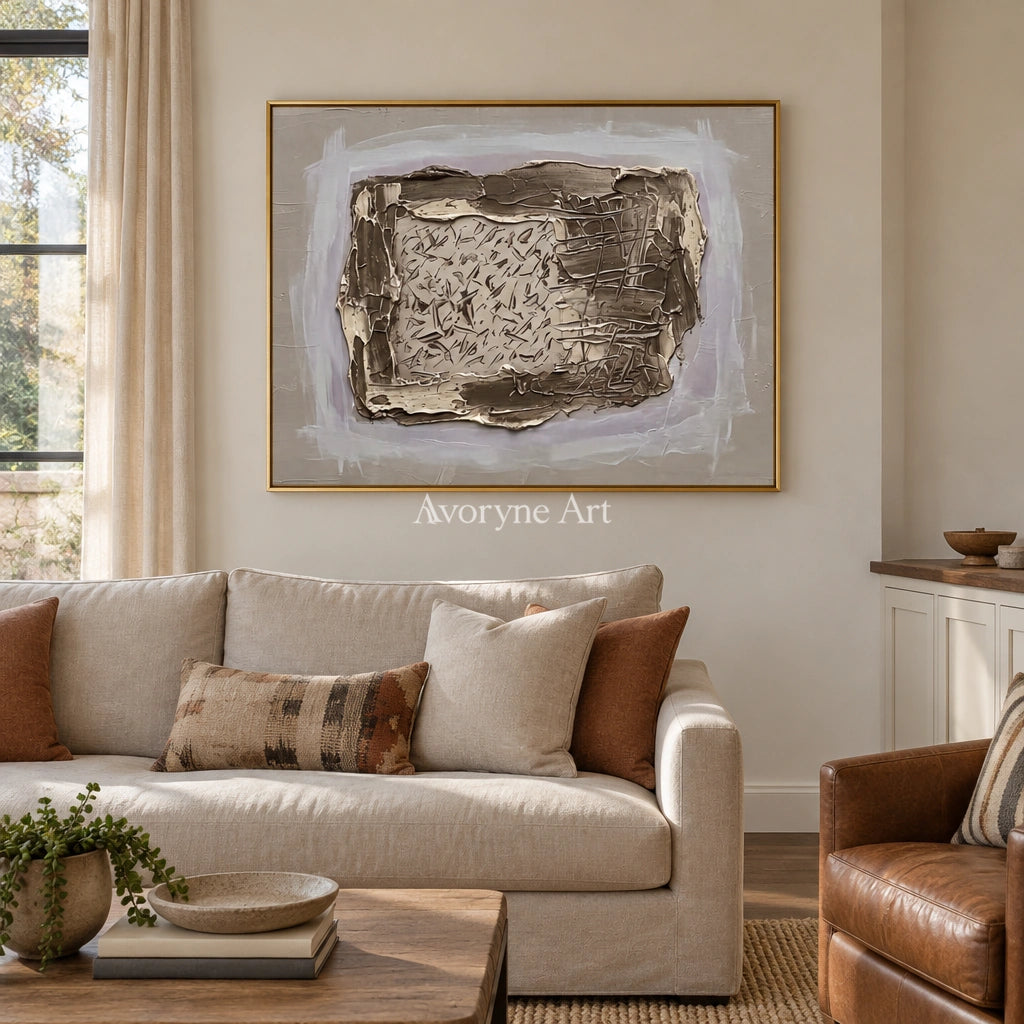 Weathered Reverie neutral layered relief wall art with a gold frame hanging in a living room
