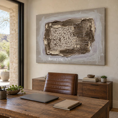 Weathered Reverie neutral layered relief wall art as a frameless stretched canvas in a home office