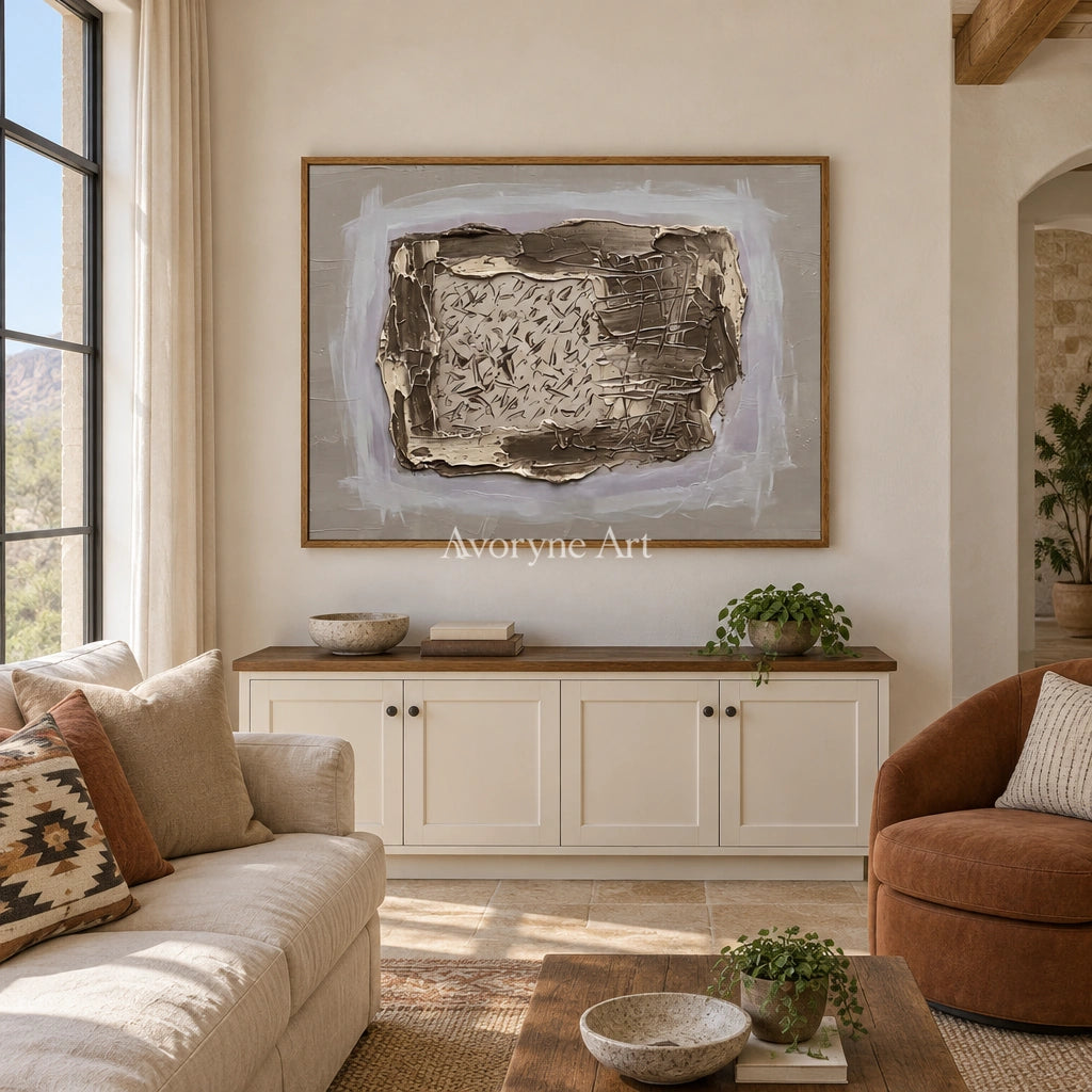 Weathered Reverie neutral layered relief wall art with a wood frame in a villa living space