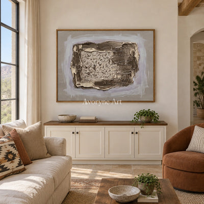 Weathered Reverie neutral layered relief wall art with a wood frame in a villa living space
