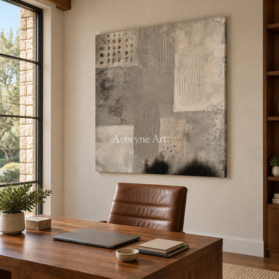 Woven Field neutral mineral texture wall art as a frameless stretched canvas in a home office