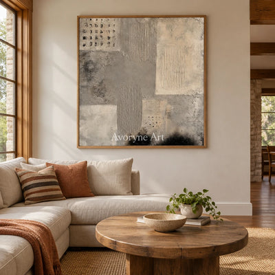 Woven Field neutral mineral texture wall art with a wood frame in a villa living space